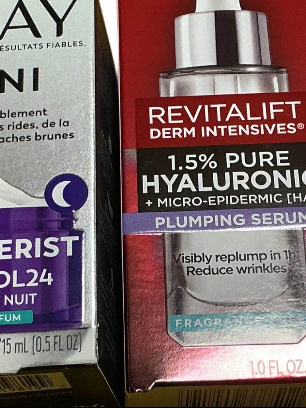 L'Oreal Revitalift Hyaluronic Plumping Serum, Olay Regenerist Retinol24 NIght